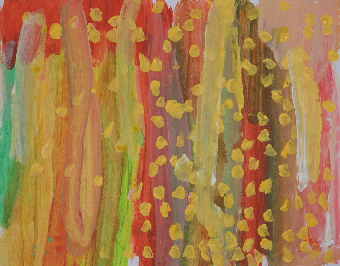 Acrylic on paper artwork with broad vertical brush strokes of green, yellow, red and brown with yellow dots throughout