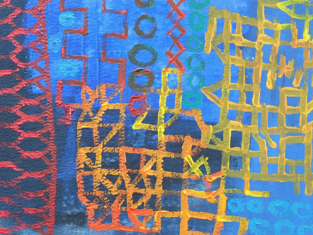 Acrylic on canvas artwork with blue background, red lattice along the left side, orange squares in the middle, and yellow squares along the right side