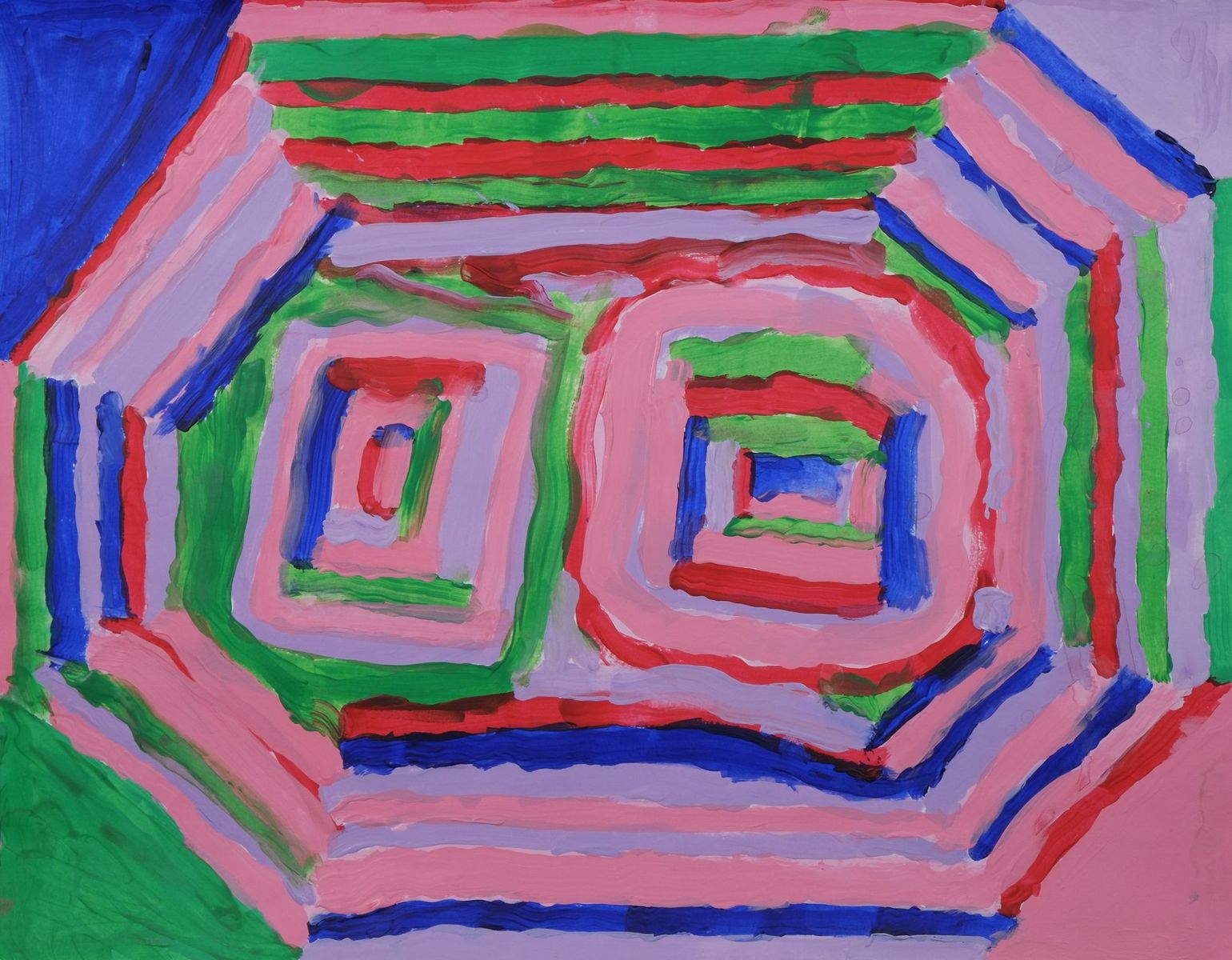 In the center, there are two squares, each side is alternating in light purple, pink, green, blue, and red. Surrounding the squares in a radiating outline of an octagon 
