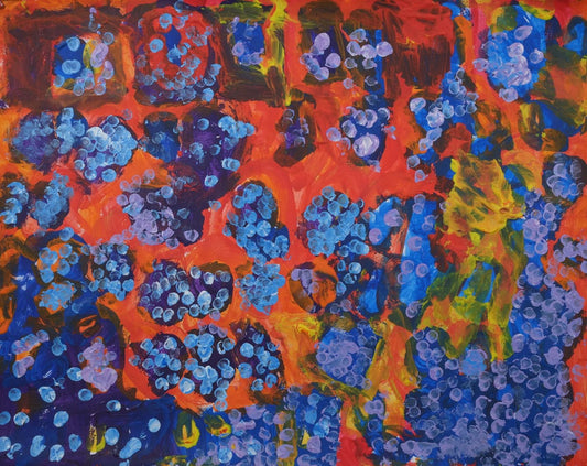 Acrylic on paper artwork with a red, orange and yellow background beneath dark blue and purple circles with lavender and light blue dots.  The artwork is inspired by the dew in the morning