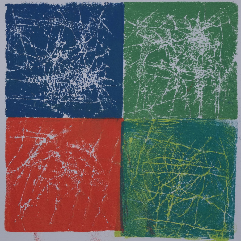 Ink on paper artwork depicting four color blocks: navy blue in the top left, red in the bottom left, light green in the top right and teal green in the bottom right 