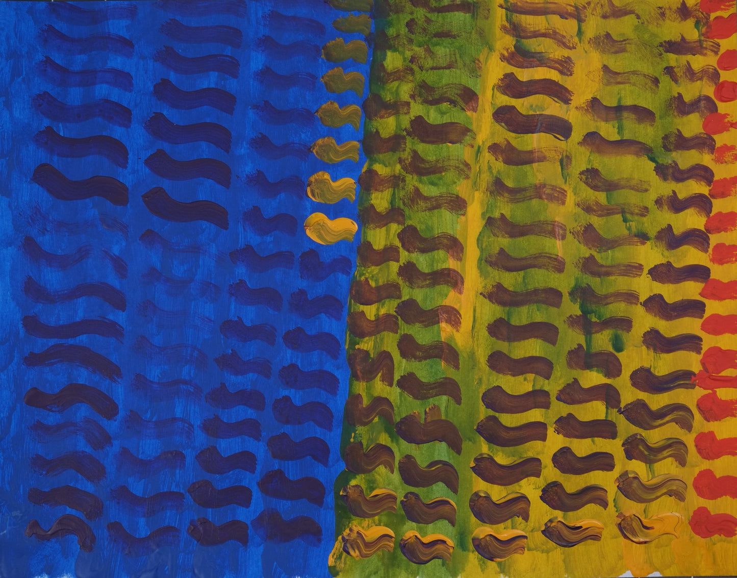 Acrylic on paper artwork with a background of half blue on the left and yellow on the right beneath blue, yellow, purple and red squiggles in vertical lines