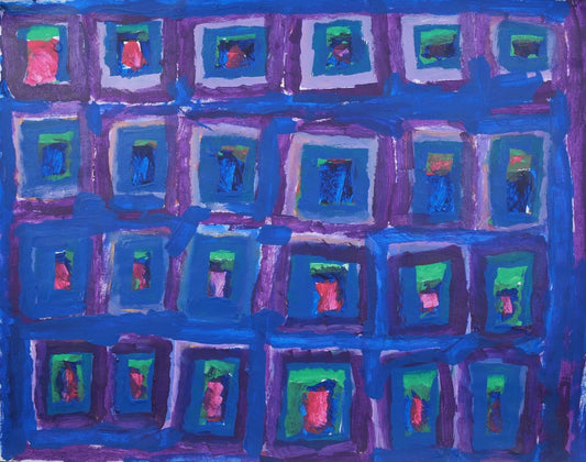 Acrylic on paper artwork against blue background with many squares outlined in purple with blue, green and red inside