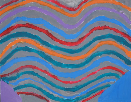 Acrylic on paper artwork with horizontal waves of gray, red, orange, purple, blue and turquoise