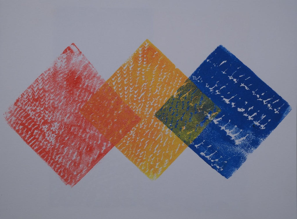 Ink on paper artwork against white background with three colored diamonds in red, yellow, and blue from left to right