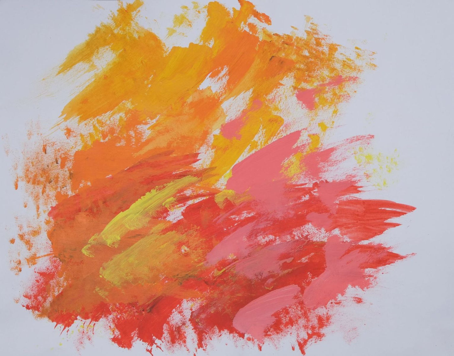 Acrylic on paper artwork with white background and broad orange, yellow, pink and red brushstrokes 