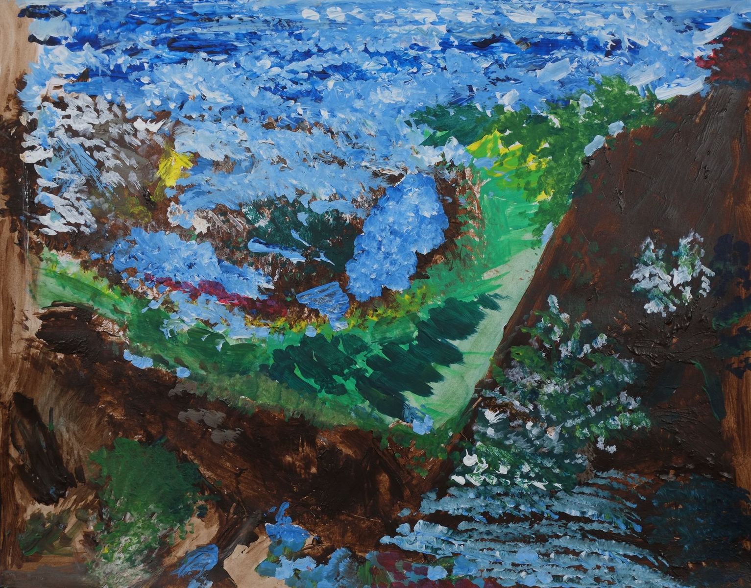 Acrylic on paper artwork of an abstract garden.  Brown earth with green grass and blue sky made up of small dots of paint