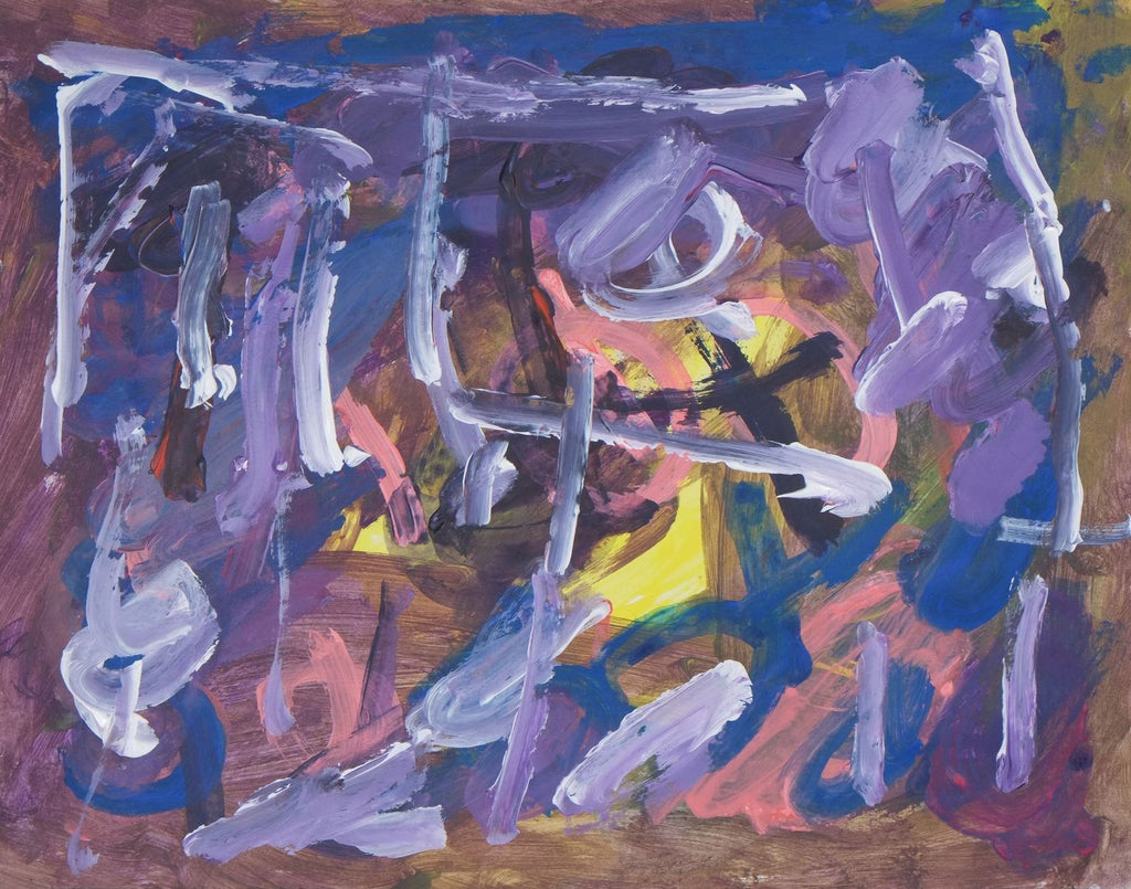 Acrylic on paper artwork with brown, dark blue and purple around the edges and white and purple paint streaks in various directions against a background of pink, yellow and purple