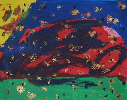 Acrylic on paper artwork with large strokes of green, red, and blue.  The top left corner is yellow and tiny gold and black flecks are throughout the entire piece