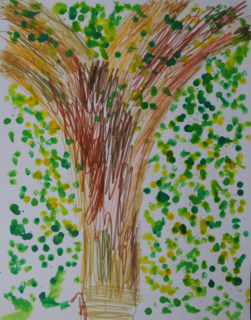 Ink on paper artwork depicting brown tree against white background with green dots all around