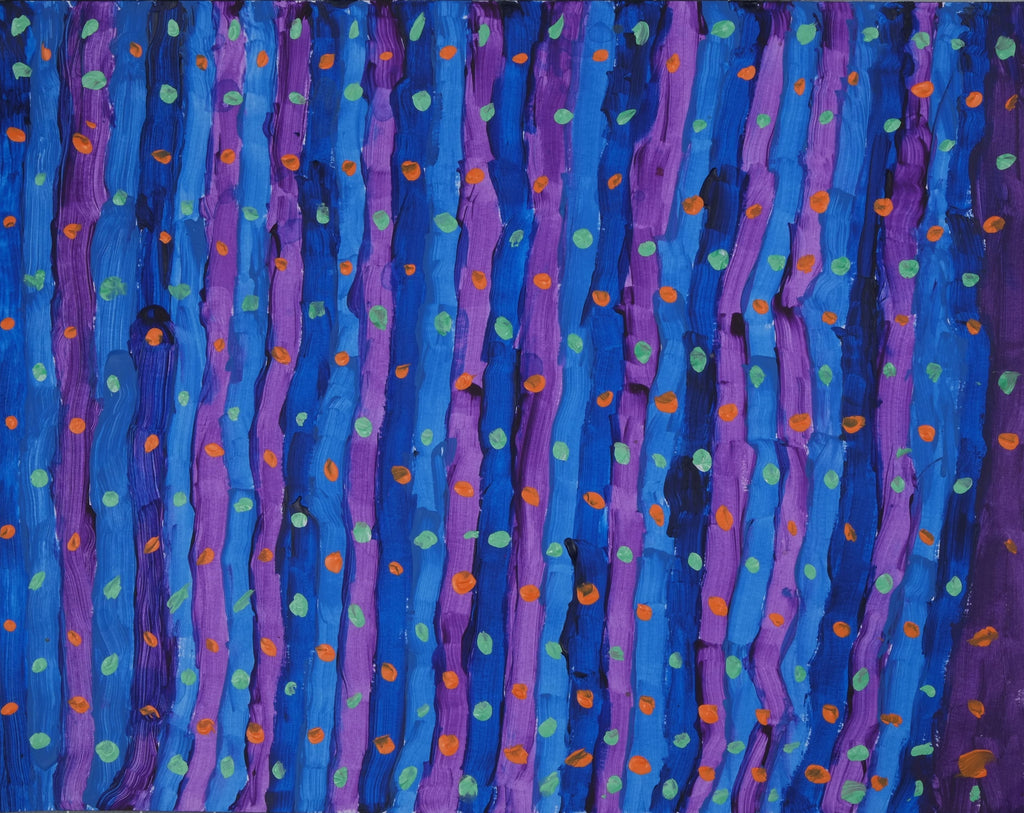 Acrylic on paper artwork with purple and blue vertical lines beneath seafoam and orange dots