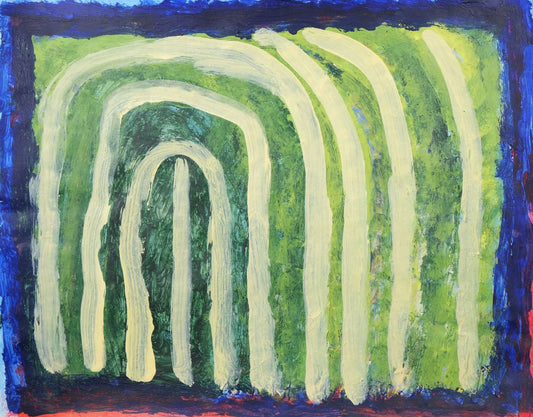Acrylic on paper artwork with dark blue line around the edges with tan arches against a lime green background