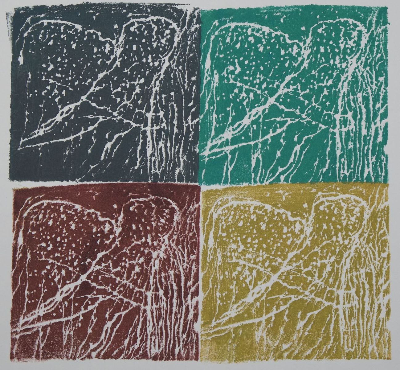 Ink on paper artwork depicting 4 large colored squares.  Dark blue top left, maroon in bottom left, teal in top right, golden yellow in bottom right with white paint drizzled over all