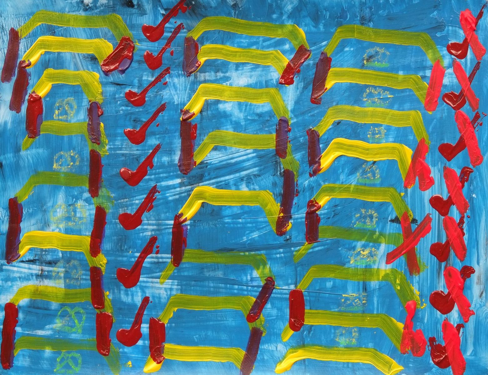 Acrylic and oil pastel on paper artwork with light blue background with yellow balance beams and red checks and x's