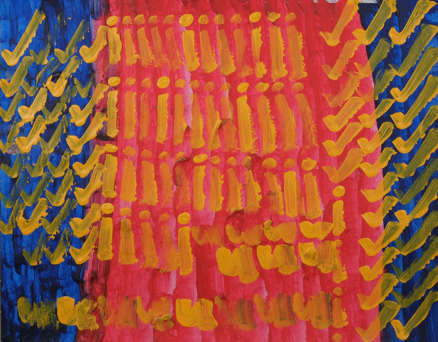 Acrylic on paper artwork with vertical lines of yellow check marks and the letter i against a background of blue vertical lines on the right and left with a large red vertical stripe down the middle