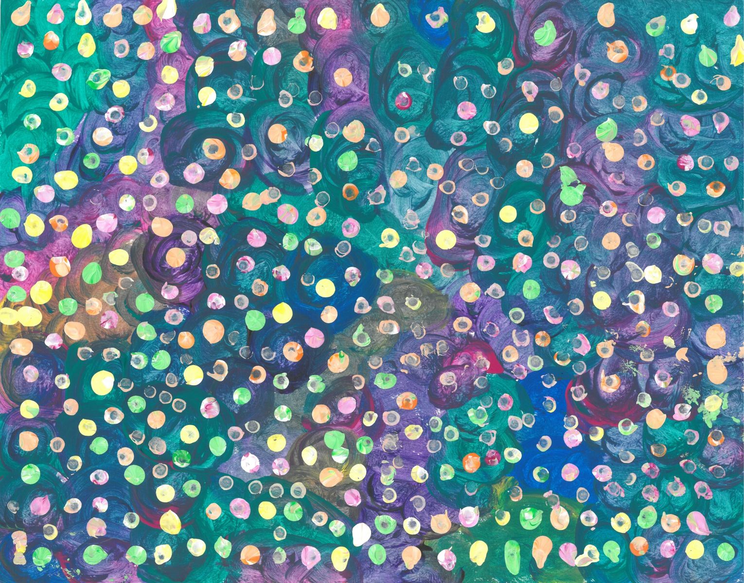 Acrylic on paper artwork of teal, blue and purple swirl background and yellow, green and orange dots overlaid