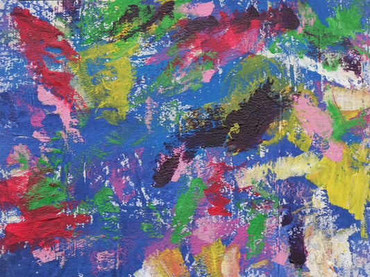 Painting on canvas. The background is blue and it has random sections all over that are painted with the following colours: red, pink, yellow, green, and dark purple