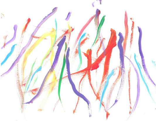 On a white background, slender streaks of purple, red, blue, lavender, green, and yellow