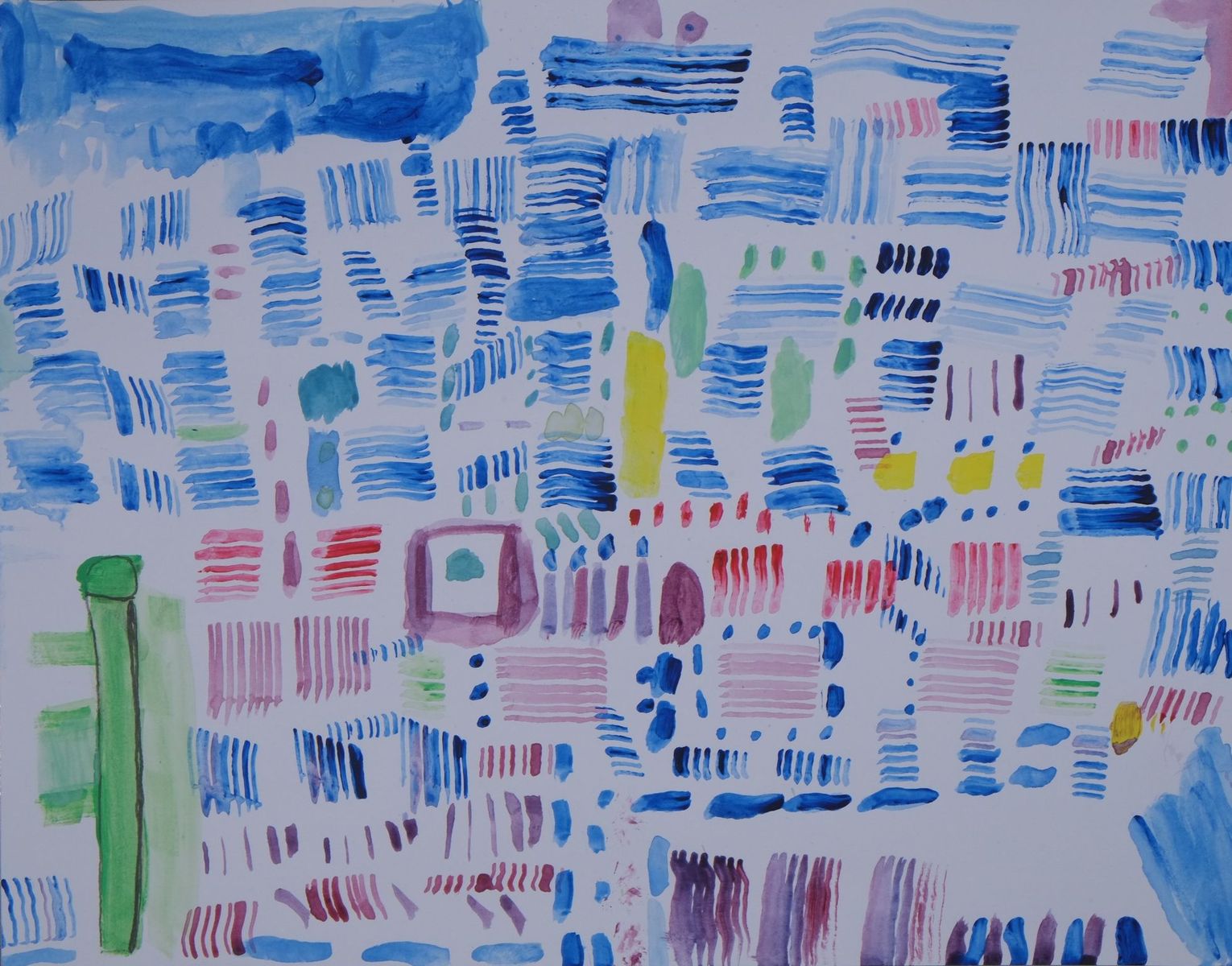 Acrylic and pencil on paper artwork with white background and various horizontal and vertical line patterns in red, blue and yellow with green accents