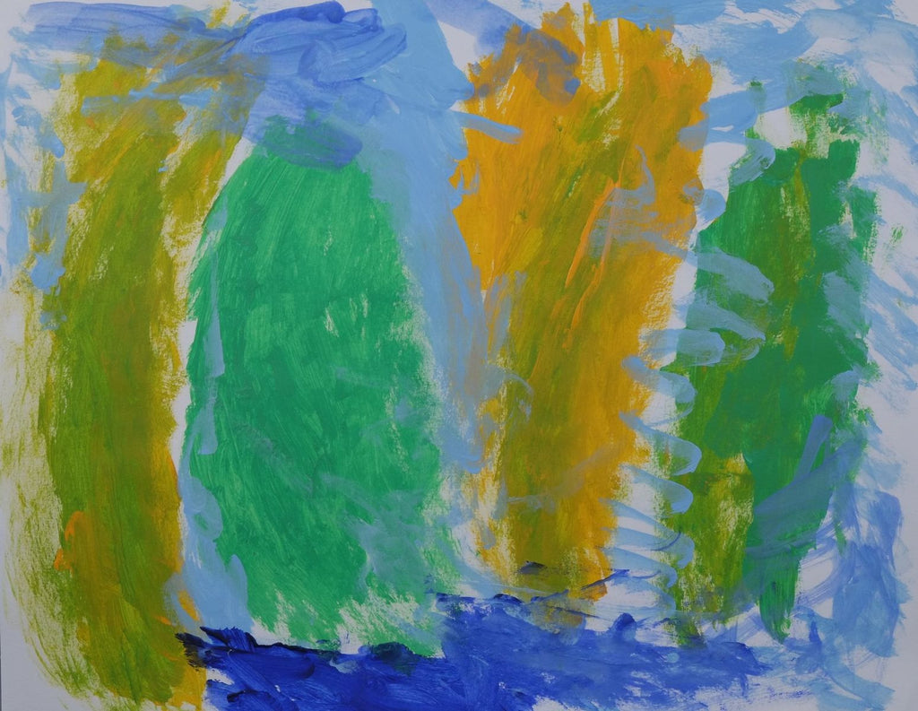 Acrylic on paper artwork with light blue background and chartreuse, green and yellow plant shapes above a dark blue bottom