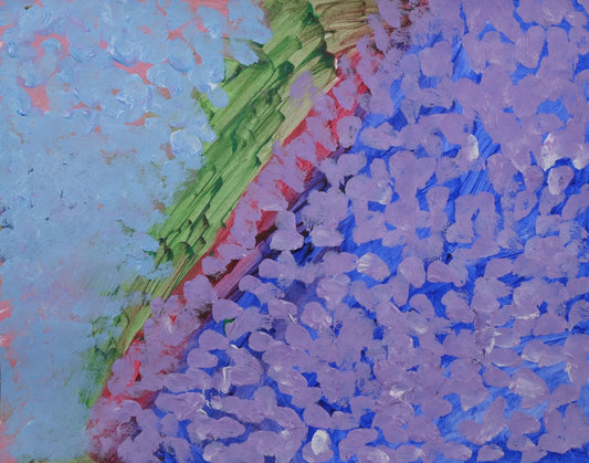 Acrylic on paper artwork with a pink background and blue dots on the left and a blue background with purple dots on the right, split by a green line down the middle