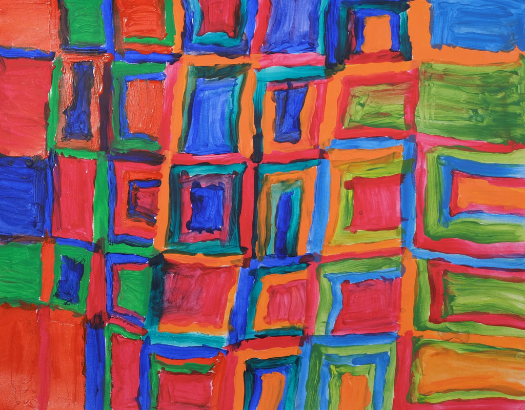Acrylic on paper artwork depicting interlocking squares in green, orange, blue and red colors