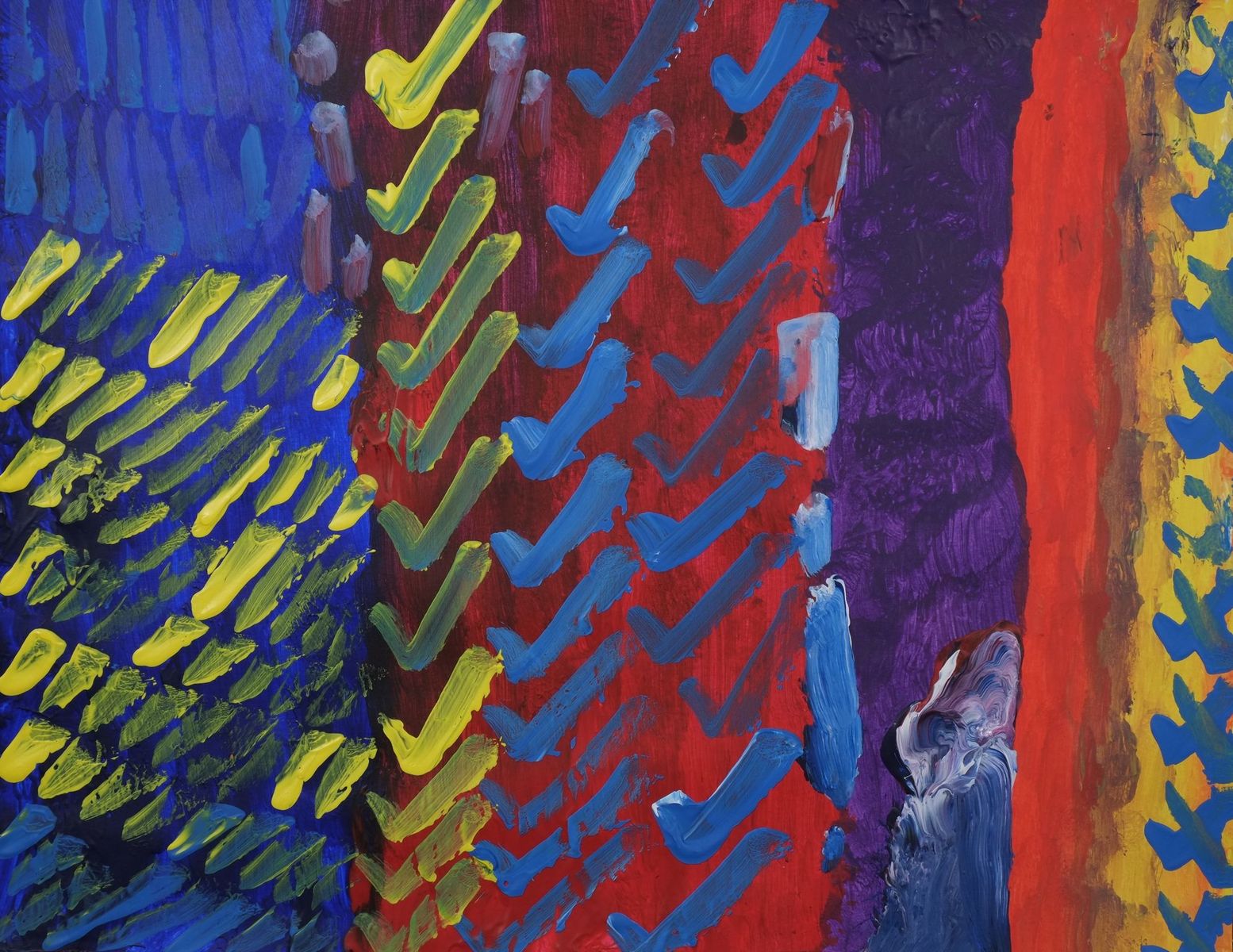 Acrylic on paper artwork with blue, maroon, red, purple and orange vertical lines with blue and yellow check marks