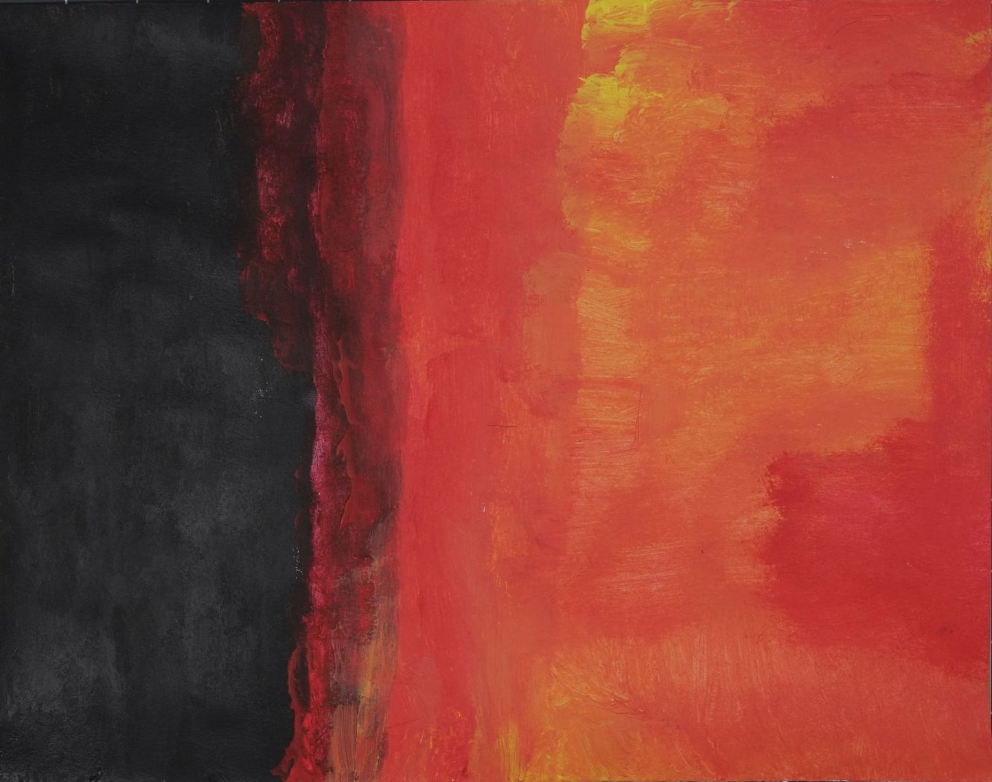 Acrylic on paper artwork with one vertical black stripe accounting for approximately one third of the painting with the remainder a mix of fiery red, yellow and orange