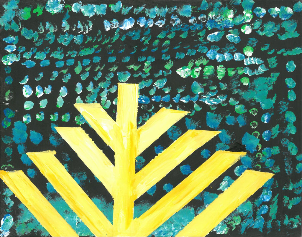 A gold menorah—without candles—in front of a background of black with green and teal dots and splotches