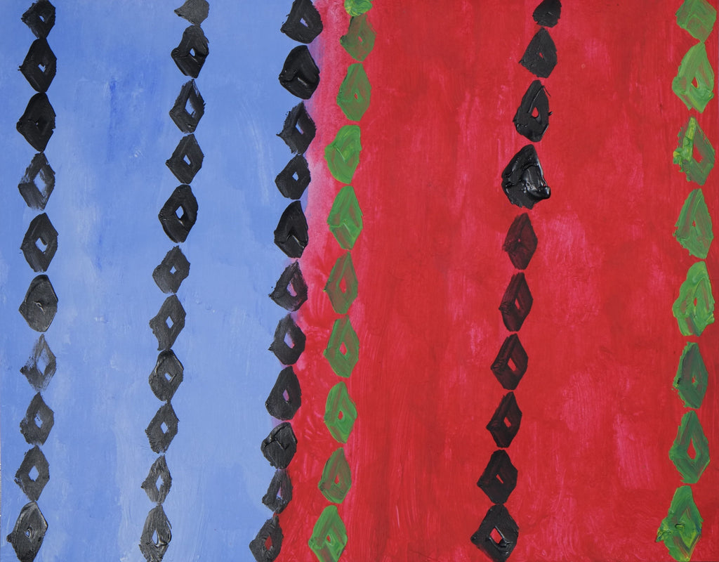 Acrylic on paper artwork with blue and red vertical background with vertical strands of green and black diamonds