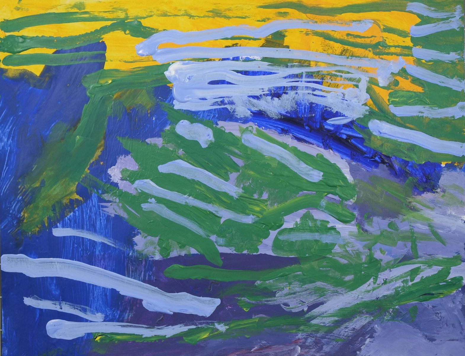 Acrylic on paper artwork with a yellow, blue and purple background with horizontal lavender and green paint streaks over top