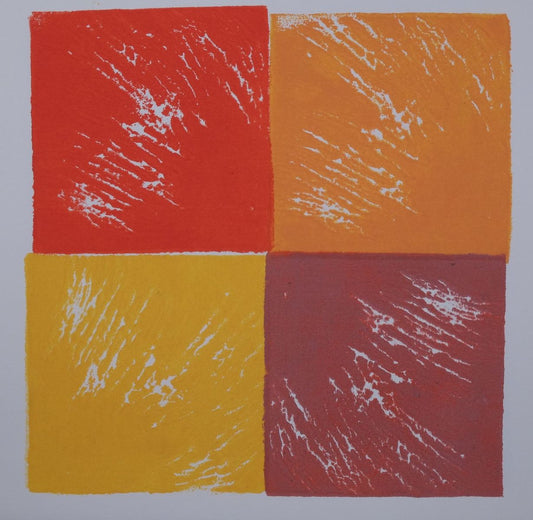 Ink on paper artwork depicting a red square in the top left corner, a yellow square in the bottom left corner, an orange square in the top right corner, and a maroon square in the bottom right corner