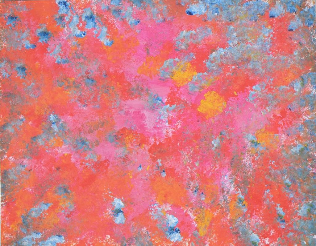 Acrylic on paper artwork with coral, blue, pink, and yellow paint splotches intertwined