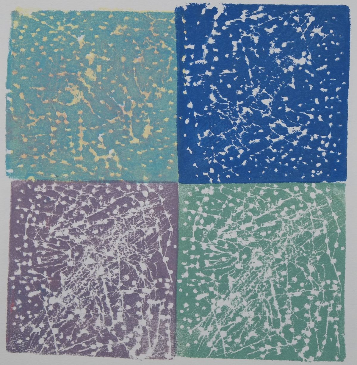 Ink on paper artwork with four colored blocks with light blue in the top left, lavender in the bottom left, blue in the top right and seafoam in the bottom right