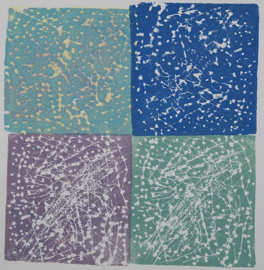 Ink on paper artwork with four colored blocks with light blue in the top left, lavender in the bottom left, blue in the top right and seafoam in the bottom right