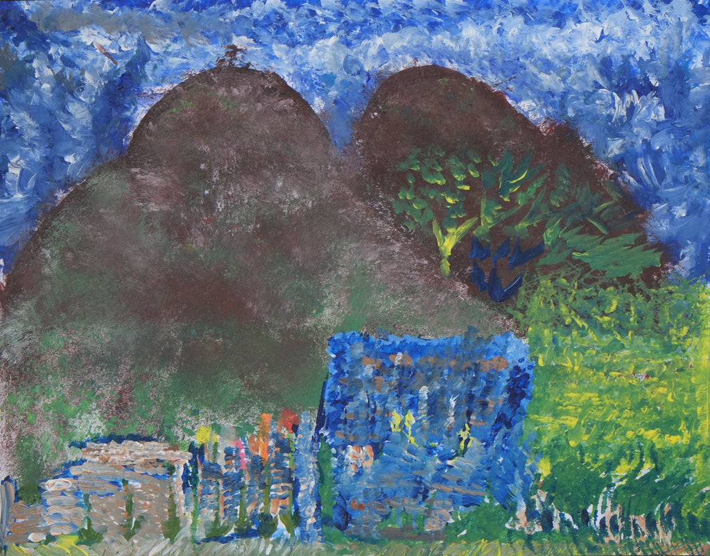 Acrylic on paper artwork with a blue sky with white clouds, two large brown mountains with some foliage and trees in green and yellow
