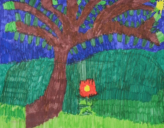 Ink on paper artwork with a large brown tree trunk and green leaves against a blue sky and springing from green grass.  A lone red flower with yellow inside sits next to the tree