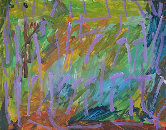 Acrylic on paper artwork with a background of light green, orange, blue and yellow streaks in both directions beneath lavender lines throughout