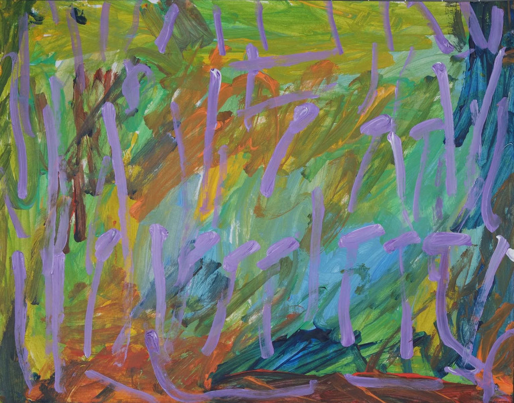 Acrylic on paper artwork with a background of light green, orange, blue and yellow streaks in both directions beneath lavender lines throughout