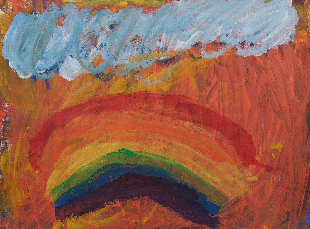 Acrylic on paper artwork with a white and blue cloud above a rainbow with yellow and coral background