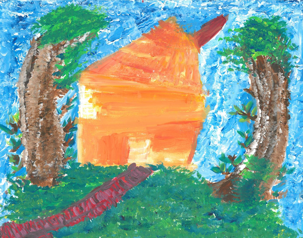Acrylic on paper artwork depicting an orange house with a red pathway set against green grass and a blue sky