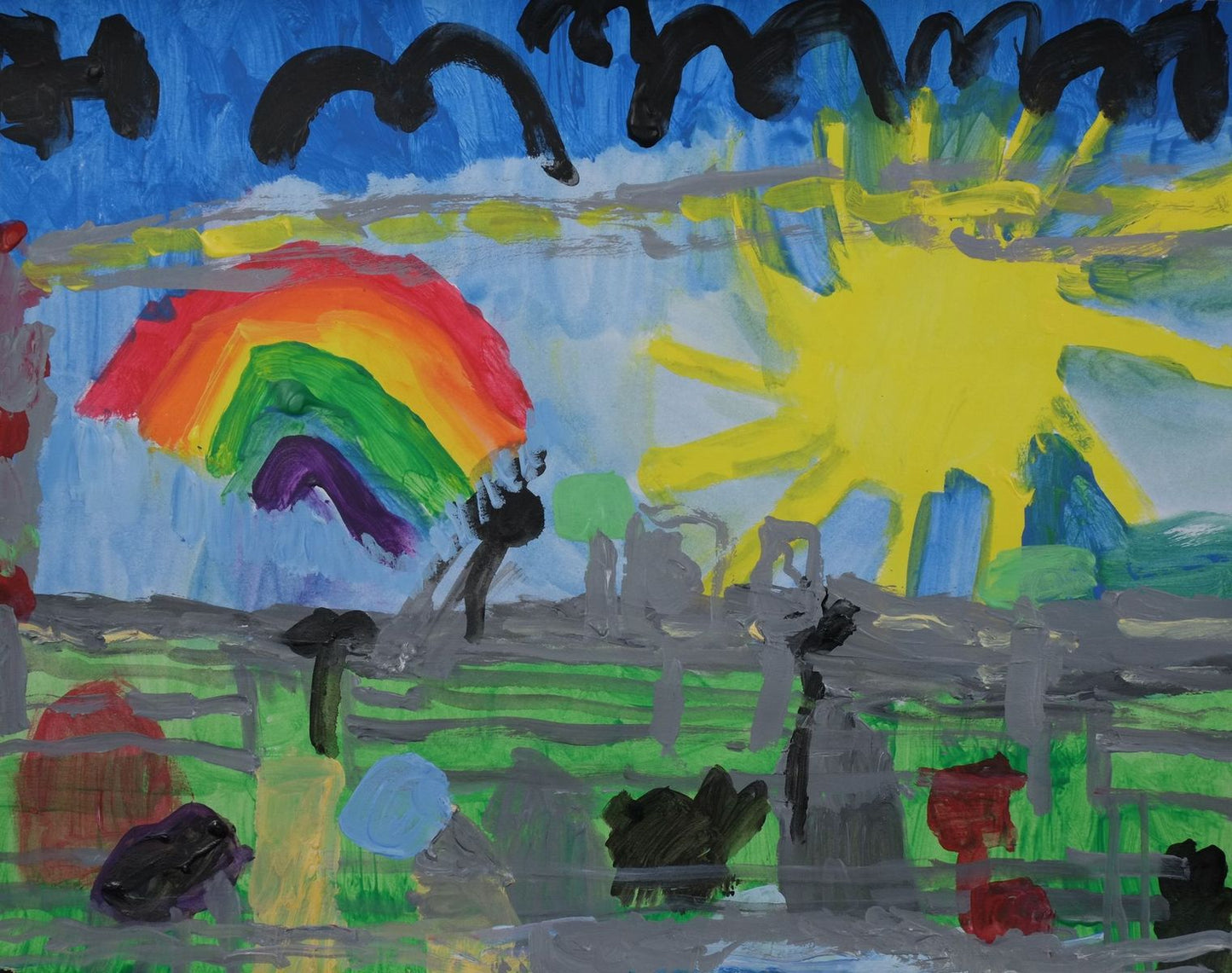 Acrylic on paper artwork depicting a day at the farm with yellow sun against blue sky with black birds, a rainbow, gray fence and farm animals