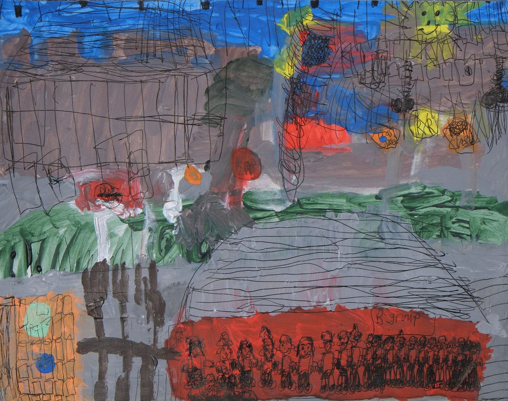 Acrylic and ink on paper artwork depicting the neighborhood of Celebration Company.  The background is mostly gray with a smiling yellow sun in the top right corner against a blue sky.  There is green grass in the middle and at the bottom the building with all of the Celebration Company employees inside
