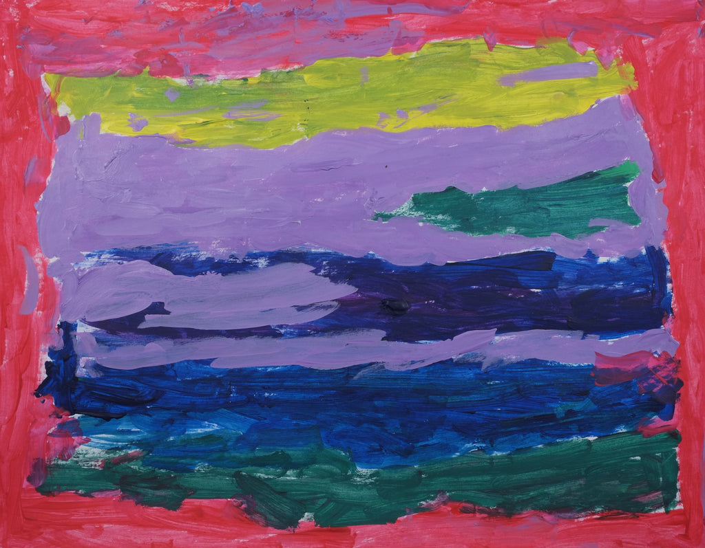 Acrylic on paper artwork with red border and yellow, teal, blue and purple horizontal lines