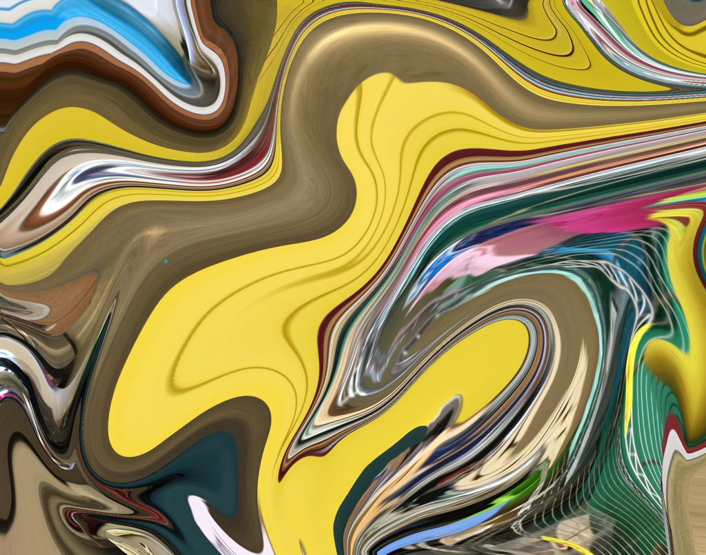 A distorted swirl of mostly yellow and bronze with touches of blue, white, pink, green, and tan.