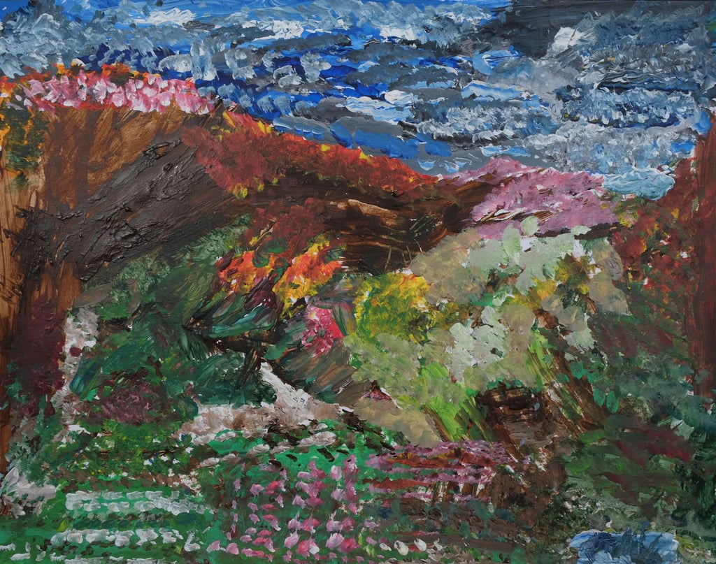 Acrylic on paper artwork depicting a wild garden with pink flowering trees, grass in the foreground with pink flowers beneath a blue, white and black sky