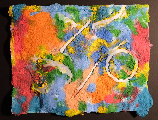 Pigment on recycled paper artwork with red, orange, blue, yellow and green melted background and a heart cutout with white lines and circles overlaid