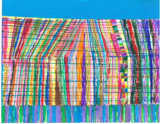 Below a swath of medium blue and above short vertical lines in green, lavender, and blue, is a multicolored grid design whose vertical bars are much thicker than the horizontal lines. The top half of the lines bend to lean toward the center, giving the effect of a peaked roof on a large structure. The colors include green, red, yellow, purple, blue, orange, gray, and pink. 