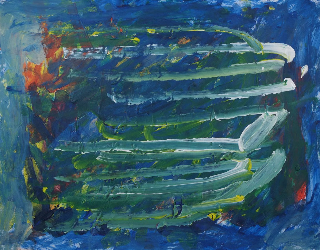 Acrylic on paper artwork with dark blue background and green and white horizontal paint streaks