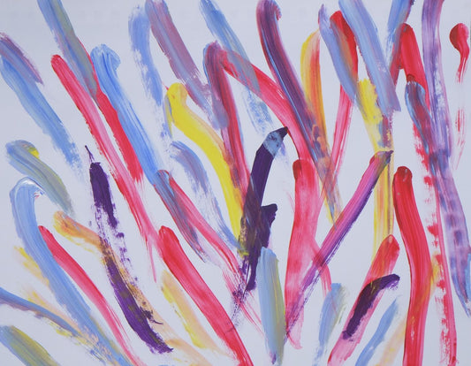 Acrylic on paper artwork with upwards brush strokes of periwinkle, red, purple and yellow against a white background